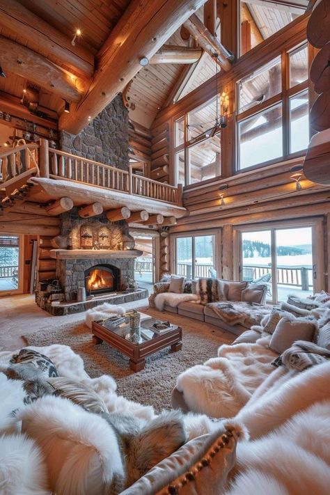 Winter Lodge Interior, Cozy Winter Cabin Aesthetic, Open Concept Cabin, Winter House Interior, Barndo Designs, Winter Cabin Interior, Cabin House Interior, Luxury Cabin Interior, Mountain House Interior