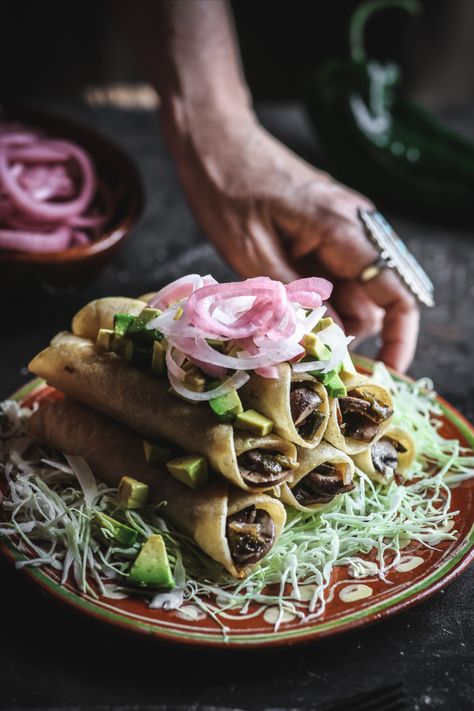 plate of Roasted Poblano and Mushroom Flautas Roasted Poblano, Tempeh Recipes, Bakery Kitchen, Easy Homemade Recipes, Delish Recipes, Slow Food, Corn Tortillas, Vegan Dishes, Tortillas