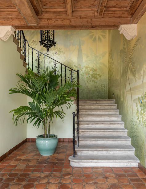 Spanish Staircase, Tiled Pool, Barley Twist Table, Chinoiserie Mirror, Iron Balcony Railing, Back From The Brink, Beach Mansion, Mediterranean Revival, Iron Balcony