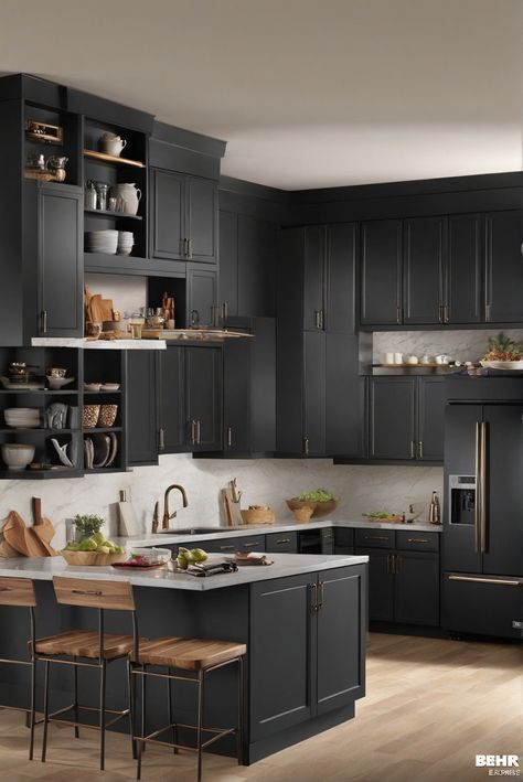 How To Achieve Carbon Elegance: Unveiling Behr's Sizzling Kitchen Cabinets [2024] Behr Carbon Copy, Carbon Copy, Kitchen Board, Kitchen Farmhouse, Green Home Decor, Dream Kitchen, Future House, Home Design, Kitchens