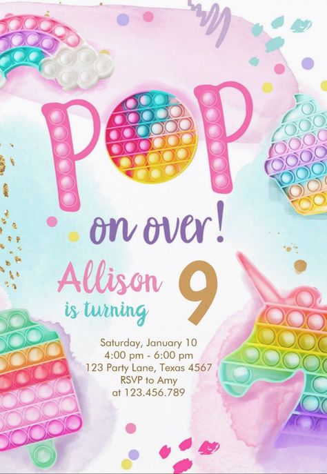 Pop it birthday party invitations. Girls' birthday party invites with fun and colorful fidget toy theme. afflink 8th Birthday Party Girl Themes, 9 Year Birthday Party Theme Girl, It Birthday Party, Candyland Party Decorations, Pop It Birthday, 8 Birthday, Pop It Fidget, Rainbow Birthday Invitations, Birthday Party Invites