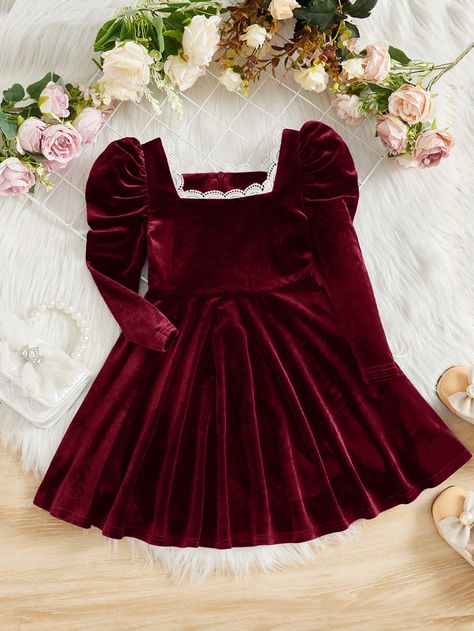 SHEIN Young Girl Square Neck Gigot Sleeve Lace Trim Velvet DressI discovered amazing products on SHEIN.com, come check them out! Velvet Dress For Kids Girl, Velvet Dress For Baby Girl, New Baby Dress, Burgundy Party, Frocks For Kids, Gigot Sleeve, Kids Dress Collection, Velvet Dress Designs