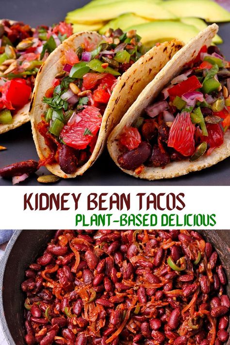 Kidney bean tacos, lightly spiced with cumin, smoked paprika, and cinnamon are quick and hearty and even more delicious with tangy and spicy grapefruit salsa. These healthy tacos are oil-free, plant-based, and full of all the taco flavor you demand. #anothermusicinadifferentkitchen #beantacos #vagantacos #kidneybeans #salsa Kidney Bean Tacos, Grapefruit Salsa, Recipes With Kidney Beans, Vegan Tacos Recipes, Vegan Mexican Recipes, Bean Tacos, Kidney Bean, Healthy Tacos, Red Kidney Bean