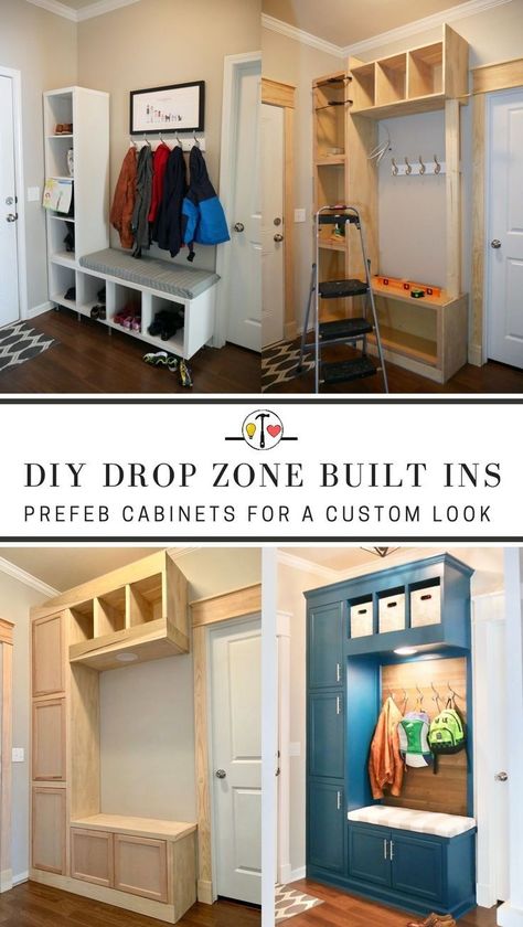 Diy Drop Zone, Mudroom Drop Zone, Prefab Cabinets, Custom Mudroom, Small Mudroom Ideas, Mudroom Laundry Room, Mudroom Decor, Mud Room Storage, Mudroom Design