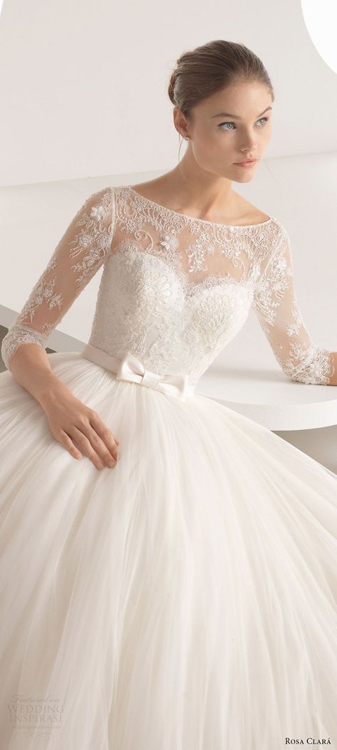 rosa clara 2018 bridal trends 3 quarter illusion sleeves bateau neck lace bodice ball gown wedding dress (alina) zv romantic princess -- 2018 Wedding Dress Trends to Love Part 2 Wedding Dress High Neckline, Wedding Dresses Ball Gown Princess, Wedding Dresses Lace Ballgown, Princess Bridal Gown, Wedding Unique, Ball Gowns Princess, Lace Ball Gowns, Backless Wedding, Wedding Dress Trends