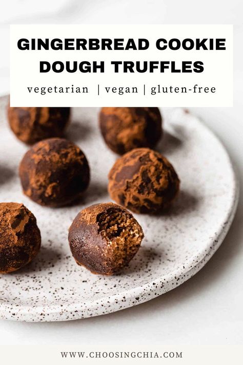 These Gingerbread Truffles are no-bake, come together in just 15 minutes and taste like just gingerbread cookie dough! These truffles are healthy and made with almond flour for an easy-to-make gluten-free and vegan dessert! Gingerbread Truffles, Healthy Gingerbread Cookies, Gingerbread Cookie Dough, Truffle Shuffle, Gingerbread Dough, Dessert Shooters, Easy Holiday Desserts, Raw Cookie Dough, Cookie Dough Truffles