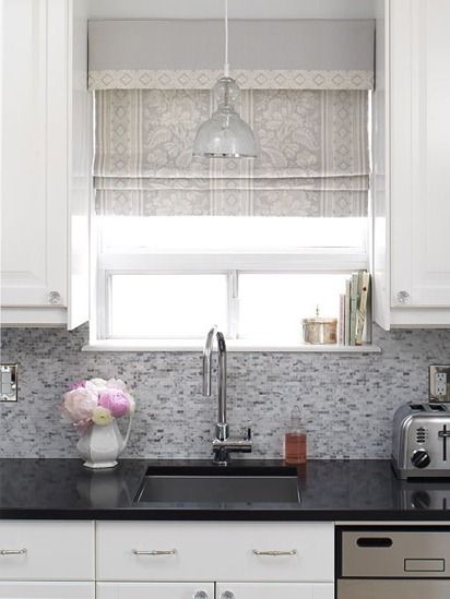 White Kitchen - black counters, pretty backsplash, Pendant light over sink Kitchen Window Over Sink Ideas, Pendant Light Over Sink, Lighting Over Sink, Light Over Sink, Small Kitchen Lighting, Sink Remodel, Fixtures Design, Remodeling Basement, Kitchen Sink Lighting