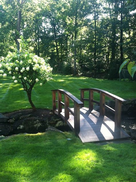 Landscape Bridge Ideas, Bridge In Backyard, Arched Bridge Over Creek, Garden Bridges Backyard, Backyard Bridge Ideas, Bridge Over Ditch, Creek Bridge Ideas, Pond Bridge Ideas, Bridge Backyard