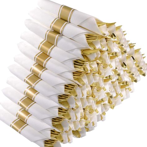 PRICES MAY VARY. 100 PACK ROLLED CUTLERY - Prepare breakfast, lunch, dinner or a buffet meal service for 100 honored guests with NFSQ premium rolled plastic cutlery! Includes 100 plastic forks, 100 plastic knives, 100 plastic spoons, and 100 absorbent napkins. Just throw it away after use, believe me, this disposable tableware will make it easy for you to clean up the mess after your meal. Having NFSQ ROLLED CUTLERY will make your dining easier ELEGANT GOLD DINNERWARE - Add a touch of elegance a Wrapped Silverware, Gold Plastic Silverware, Party Cutlery, Disposable Cutlery, Plastic Silverware, Gold Dinnerware, Plastic Utensils, Plastic Forks, Plastic Cutlery