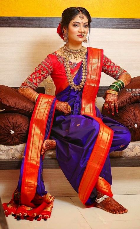 Maharashtrian Vidhi Look Couple, Navari Poses, Marathi Mulgi, Bride Fashion Photography, Maharashtrian Bride, Curled Hairstyles For Medium Hair, Best Indian Wedding Dresses, Kashta Saree, Basant Panchami