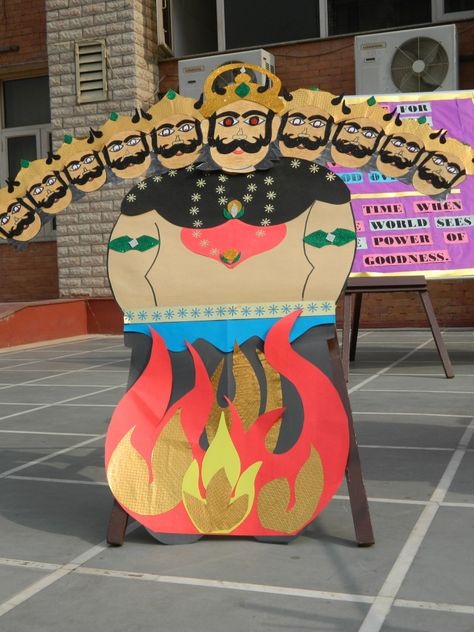 Dussehra Theme Decoration, Dusshera Decoration Ideas For School, Ravan Craft Ideas, Dussehra Board Decoration In School, Dussera Decor Ideas, Dasara Decoration Ideas For School, Dusshera Board Decoration Ideas, Dussehra Bulletin Board Ideas, Dushera Decoration For School