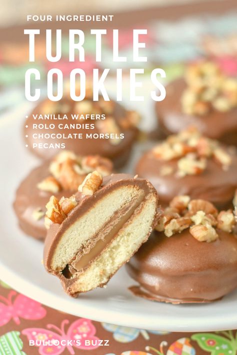 Gooey chocolate-covered caramel is sandwiched between two rich, vanilla wafers then topped with more chocolate and crushed pecans in this super simple Nilla Wafer Turtle Cookies recipe. With just four common ingredients you can have a delicious cookie ready to enjoy in minutes! #cookies #cookierecipe #chocolate #caramel Nilla Wafer Cookies Recipe, Chocolate Covered Wafer Cookies, Recipes With Nilla Wafers, Wafer Sandwich Cookies, Wafer Cookie Recipe, Turtle Cookies Recipe, Caramel Recipe Easy, Rolo Cookies, Caramel Shortbread