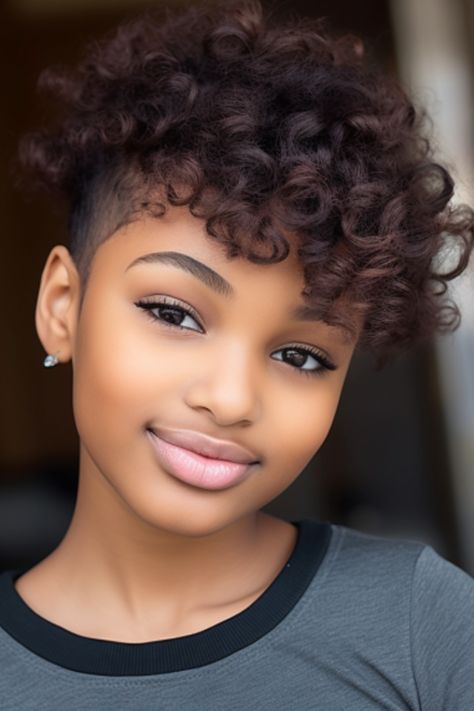 The hairstyle called pixie cut with curly bangs brings a youthful and lively touch to the hair of black girls. The curly bangs beautifully frame the face, while the short cut makes it easy to manage. Click here to check out more cute & fun hairstyles for black kids right now. Cute Fun Hairstyles, Teen Girl Haircuts, Children Haircuts, Short Hair Cuts For Teens, Afro Styles, Black Kids Braids Hairstyles, Kids Haircuts, Fun Hairstyles, Biracial Hair