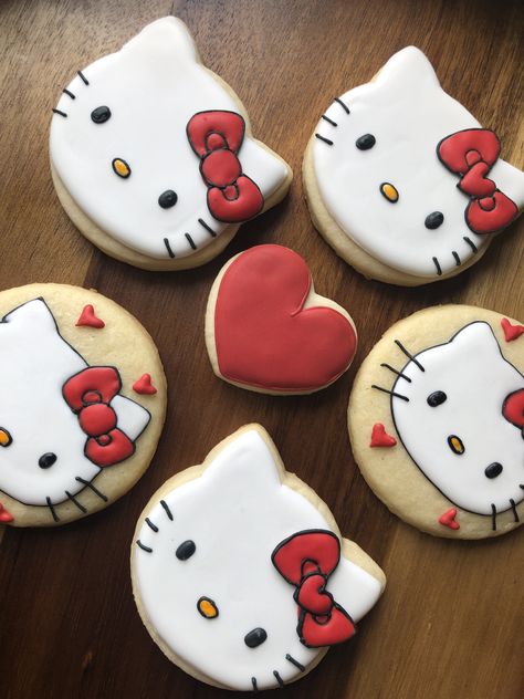 Hello Kitty Sugar Cookies #sugarcookies #hellokitty Hello Kitty Sugar Cookies, Sanrio Desserts, Hello Kitty Baby Shower, Kitty Cookies, Hello Kitty Theme Party, Hello Kitty Cookies, Mermaid Cookies, First Birthday Cookies, Hello Kitty Birthday Party