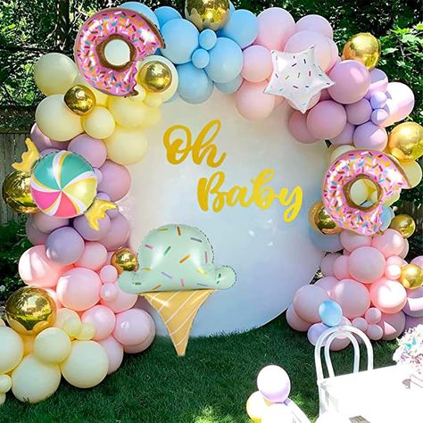 Pastel Color Baby Shower Ideas, Ice Cream Balloons, Disneyland Birthday, Circle Backdrop, Grown Up Parties, Gold Foil Balloons, Event Business, Girls Birthday Party Decorations, Girls Party Decorations