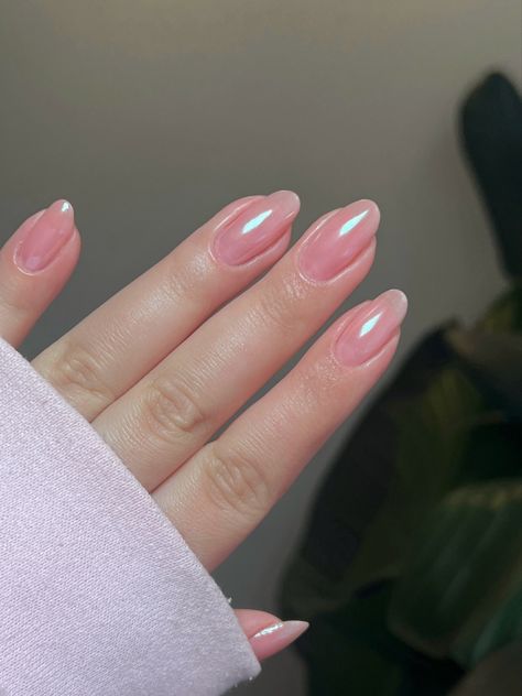 Sheer Holographic Nails, Pink Chrome Short Almond Nails, Light Blush Nails, Chrome Blush Nails, Pearlescent Pink Nails, Pink Donut Glaze Nails, Light Chrome Pink Nails, Light Pink Metallic Nails, Nude Iridescent Nails