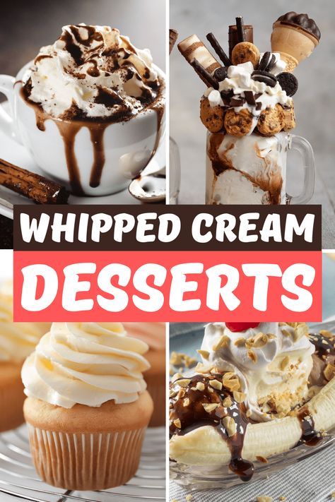 These easy whipped cream desserts are beyond irresistible! From cakes to milkshakes to grasshopper pie, whip up one of these easy treats the next time you want something sweet! What To Eat With Whipped Cream, Whipped Cream Uses, Dessert With Whip Cream, Dessert Heavy Cream, Whipping Cream Recipe Desserts, Whipping Cream Desserts, Recipes With Whipped Cream, Whip Cream Desserts, Desserts With Whipped Cream