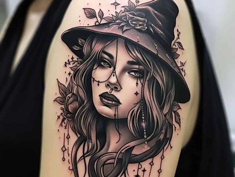 Witch Portrait Tattoo, Witch Tattoo Sleeve, Witch Portrait, Arm Tats, Witch Tattoo, Tattoo Sleeve, Tattoos And Piercings, I Tattoo, Sleeve Tattoos