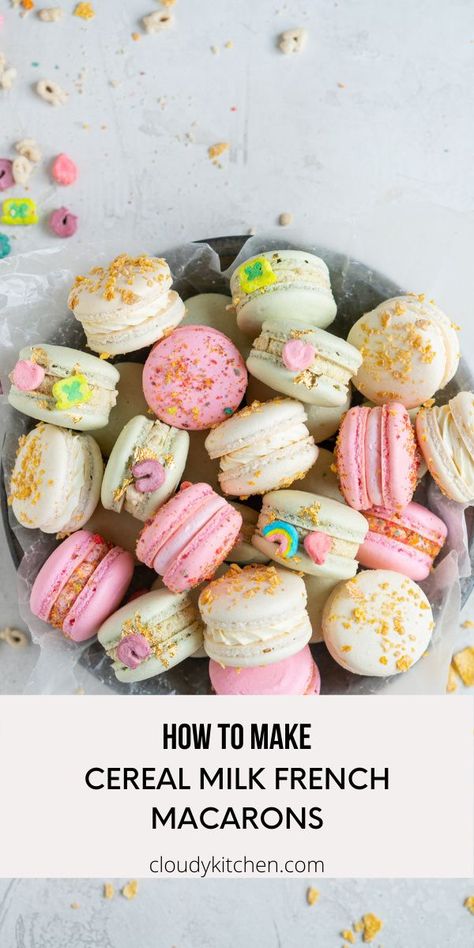 Lucky Charms Macarons, Easter Macarons Flavors, Waffle Macarons, Cereal Macarons, French Macarons Flavors, Easter Macarons, Macaron Shop, German Buttercream, Making Macarons