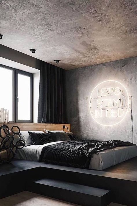 Industrial Bedroom Design, Contemporary Bedroom Design, Bed Platform, Urban Decor, Industrial Bedroom, Industrial Interior Design, Dekorasi Kamar Tidur, Industrial House, Small Room Bedroom