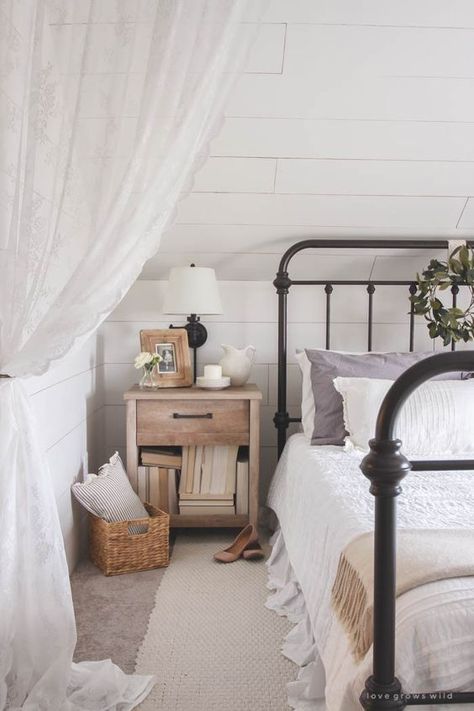 A Husband vs. Wife Style Challenge... whose nightstand will win? Country Cottage Decor, Bed Plans, Bedroom Decorating Ideas, Iron Bed, Design Seeds, Metal Bed, Country Style Homes, Bedroom Decorating, Farmhouse Bedroom