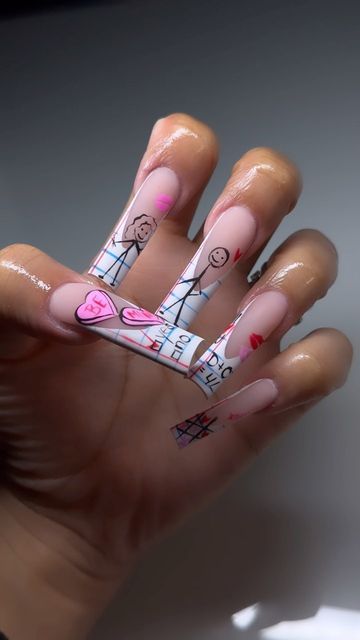 Dope Nail Designs Valentines Day, Classy Valentines Nails Short, Notebook Nails Design, Colorful Valentines Nails, Kaws Valentines Nails, Notebook Nail Design, Valentine’s Day Nails Black Women, Valentines Day Nails Black Women, Mean Girl Nails