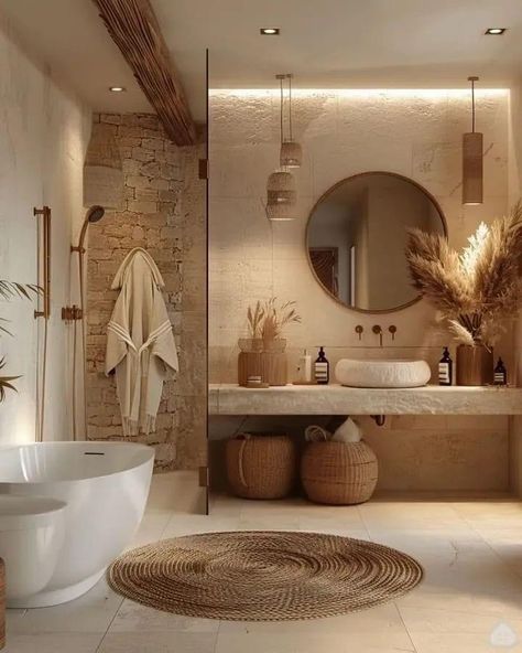 Tulum Inspired Bathroom, Natural Bathroom Design Earth Tones, Mediterranean Modern Interior, House Interior Bathroom, Bad Beige, Earthy Home, Washroom Design, Bathroom Design Decor, Bathroom Inspiration Decor