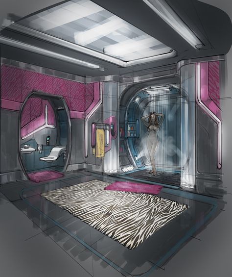 Sci Fi Bedroom Concept Art, Apartment Concept Art, Cyberpunk Interior Design, Futuristic Apartment, Apartment Concept, Cyberpunk Apartment, Cyberpunk Interior, Cyberpunk Room, Futuristic Concept Art