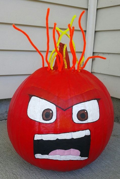 Anger Pumpkin from Inside out. Inside Out Characters Pumpkins, Joy Pumpkin Inside Out, Anger Inside Out Pumpkin, Pumpkin Painting Ideas Inside Out, Inside Out Painted Pumpkins, Inside Out 2 Pumpkin, Anger Pumpkin, Inside Out Pumpkin Decorating, Inside Out 2 Pumpkin Painting