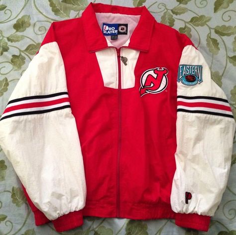 New Jersey Devils Jacket by Pro Player (94/95?) Nhl Wag Jacket, Style Hockey Jersey Outfit, Senior Breakfast, Hockey Jacket, Hockey Game Outfit, Hockey Sweater, Game Outfit, Team Jackets, Hockey Game