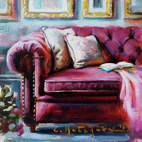 Velvet Magenta by Elena Katsyura Oil ~ 6 in x 6 in Elena Katsyura, A Level Art Sketchbook, Art Interiors, Interior Paintings, Illustration Styles, Point Perspective, Interior Sketch, Art Chair, Grafic Design