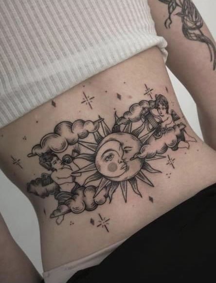 back sun and moon tattoo Back Sun And Moon Tattoo, Crescent Moon Tattoo Design, Moon Tattoo Design, Mysterious Tattoo, Sun And Moon Tattoo, Cherub Tattoo, Moon Tattoos, Back Piece Tattoo, Crescent Moon Tattoo