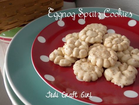 Eggnog Spritz Cookie Recipe Recipe For Eggnog, Spritz Cookie, Spritz Cookie Recipe, Eggnog Cookies, Spritz Cookies, Eggnog Recipe, Christmas Food Gifts, Cookie Press, Cookie Bar Recipes