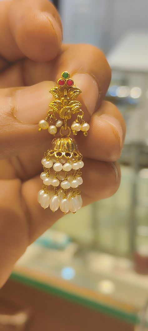 Hook Earrings Indian Gold, Nakshi Jhumkas Gold Earrings, 1 Gram Gold Earrings, Gold Earrings For Kids, Small Pearl Earrings, Gold Jhumka, Jhumka Designs, Indian Jewelry Earrings, Gold Jewelry Outfits