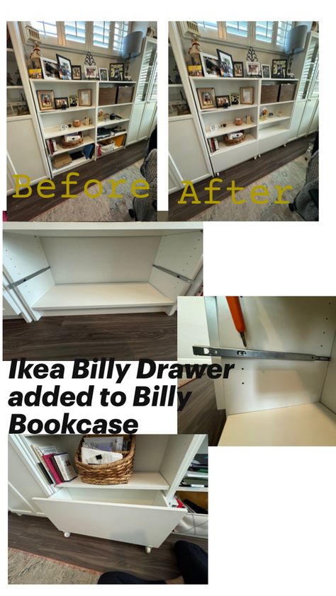 Added 2 billy drawers to 2 billy bookcase. Easy to assemble and it looks great! I will be adding a file system to the drawer. File System, Ikea Billy, Billy Bookcase, Looks Great, Bookcase, Drawers