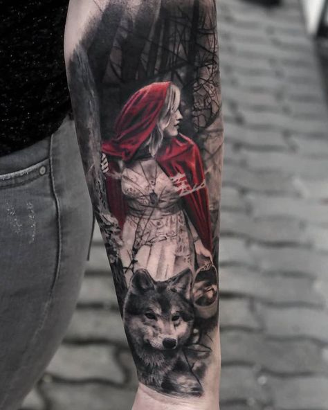 Stefan (@stefan_tattoos) • Instagram photos and videos Red Riding Hood Tattoo, Bad Wolf Tattoo, Red Riding Hood Wolf, Skin Drawing, Famous Tattoos, Spirit Animal Art, Wolf Tattoo Design, World Tattoo, Book Tattoo