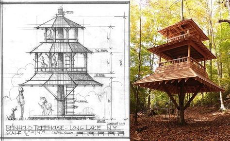 Eye-Catching Pyramidal Treehouse by Luderowski Architect Rises Like a Japanese-Style Pagoda Japanese Tree House, Treehouse Office, Tree House Forest, Pagoda Architecture, Treehouse Architecture, Treehouse Design, Maquette Architecture, Forest Houses, House Forest