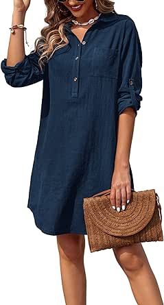 Zeagoo Women Summer Dress Cotton Linen Shirt Dress Button Down Tunic Dress Beach Cover Up Dress Women Button Down Shirt, Casual Cotton Dress, Beach Cover Up Dress, Women Summer Dress, Cotton Shirts Women, Shirt Dress Summer, Beach Coverup Dress, Button Down Shirt Dress, Linen Shirt Dress