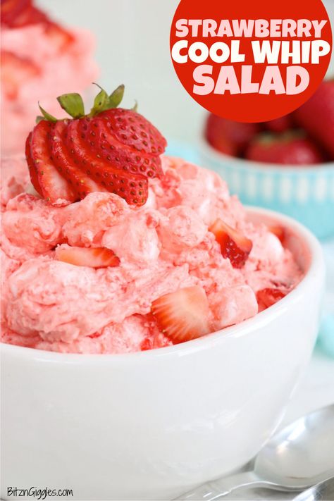 Strawberry Cool Whip Salad - Bitz & Giggles Strawberry Cool Whip, Jello With Cool Whip, Strawberry Jello Salad, Strawberry Fluff, Cool Whip Desserts, Sugar Free Jello, Creamy Pudding, Fresh Fruit Recipes, Jello Recipes