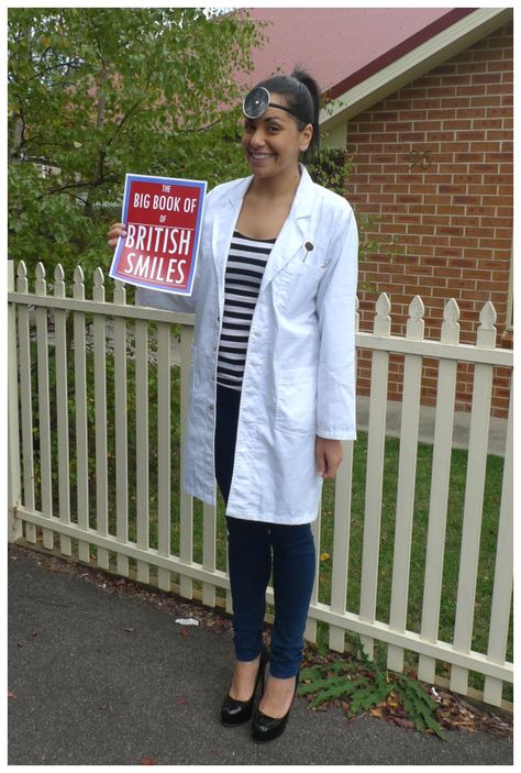 Day 284: Dentist costume. Theme Me is a blog that follows a personal challenge to dress to a different theme every day for a whole year. Dentist Costume, Dentist Halloween, Tooth Party, White Lab Coat, White Lab, My Office, Themed Outfits, Big Book, Halloween Haunt