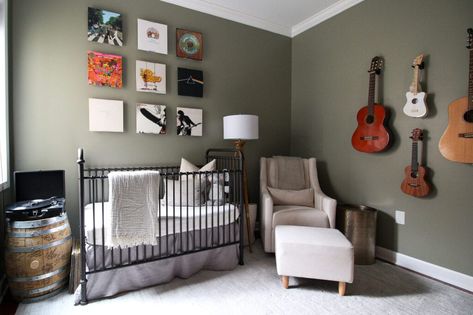 A baby boy's nursery with a music theme Music Themed Nursery, Music Themed Bedroom, Family Room Paint Colors, Music Nursery, Family Room Paint, Brown Leather Chairs, Dining Room Paint, Diy Playbook, Room Paint Colors