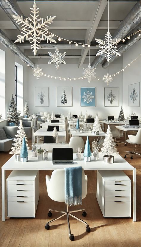 🌟 20+ Christmas Office Decorating Ideas You Haven't Tried Yet Office Christmas Ideas Decoration, Christmas Desk Decorations Aesthetic, White Christmas Decor Office, White Christmas Office Decor, New Years Office Decor, White Christmas Office Decorations, Christmas Decorations Office Ideas, Dental Office Christmas Decor, Front Desk Christmas Decorations Office