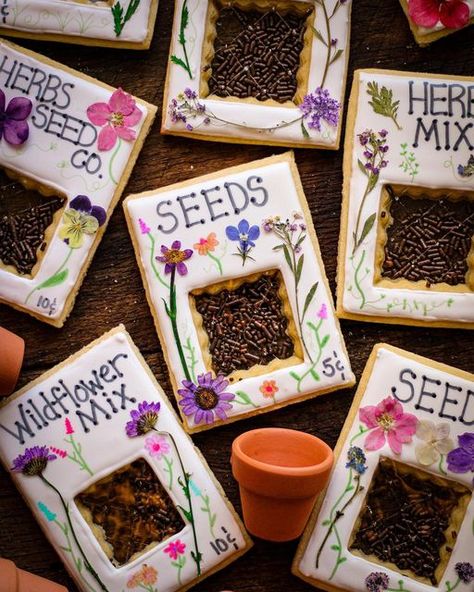 Seed Packet Cookies, Must Love Herbs, Wildflower Sugar Cookies, Seed Packet Art, Environmental Club, Love Herbs, Sunflower Festival, Garden Cookies, Flower Sugar Cookies