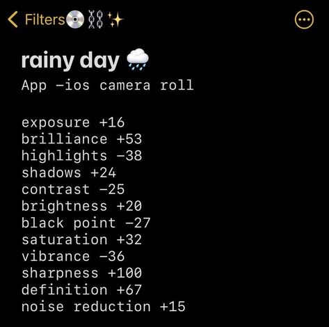 Camera Settings Aesthetic, Phone Filters, Iphone Photo Editing, Picture Filters, Edit Challenge, Pic Edits, Rainy Photos, Rainy Day Photos, Editing Filters