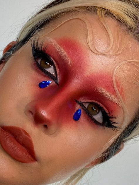 Editorial Red Makeup, Glamour Clown Makeup, Red Angel Makeup, Y2k Drag Makeup, Love Heart Makeup, Makeup Portfolio Ideas, Red Drag Makeup, Surrealist Makeup, Red Face Makeup