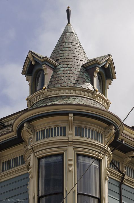 Turret above the bay window of Victorian. Hayes Valley. San Francisco, CA Victorian Turret, Victorian Garage, Iconic Houses, Victorian Country House, House Rehab, Eastlake Victorian, Victorian Windows, Victorian Style House, Victorian Home Decor