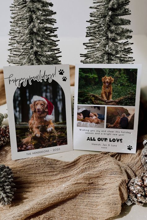 Dog Christmas Card Ideas, Christmas Card Ideas With Dogs, Christmas Card Photo Ideas With Dog, Pet Holiday Cards, Happy Pawlidays, Christmas Photo Card Template, Family Christmas Card, Printable Dog, Holiday Card Template