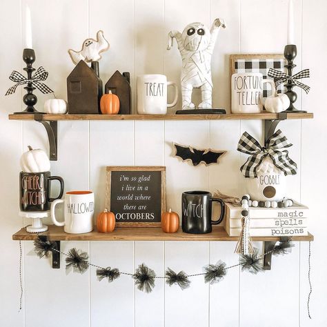 Beautifully.dunn on Instagram: “Floating shelves are ready for Halloween!!” Fall Shelf Decor, Lauren Murphy, Skull Coffee, Skull Mug, Halloween Bedroom, Farmhouse Halloween, Halloween Kitchen, Ready For Halloween, Kitchen Shelf