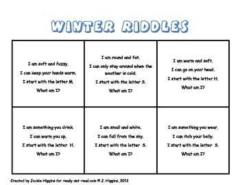 Winter Theme Riddles for Kids - Jackie Higgins - TeachersPayTeachers.com Snow Preschool, Riddles For Kids, Morning Meeting, Teacher Teacher, Writing Workshop, Preschool Learning, Winter Theme, Riddles, 3rd Grade