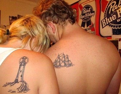 couple tattoo lighthouse and ship People With Tattoos, Couple Tat, Safe Tattoo, Best Couple Tattoos, Cute Couple Tattoos, Lighthouse Tattoo, Couples Tattoo Designs, Couple Tattoo, Ship Tattoo